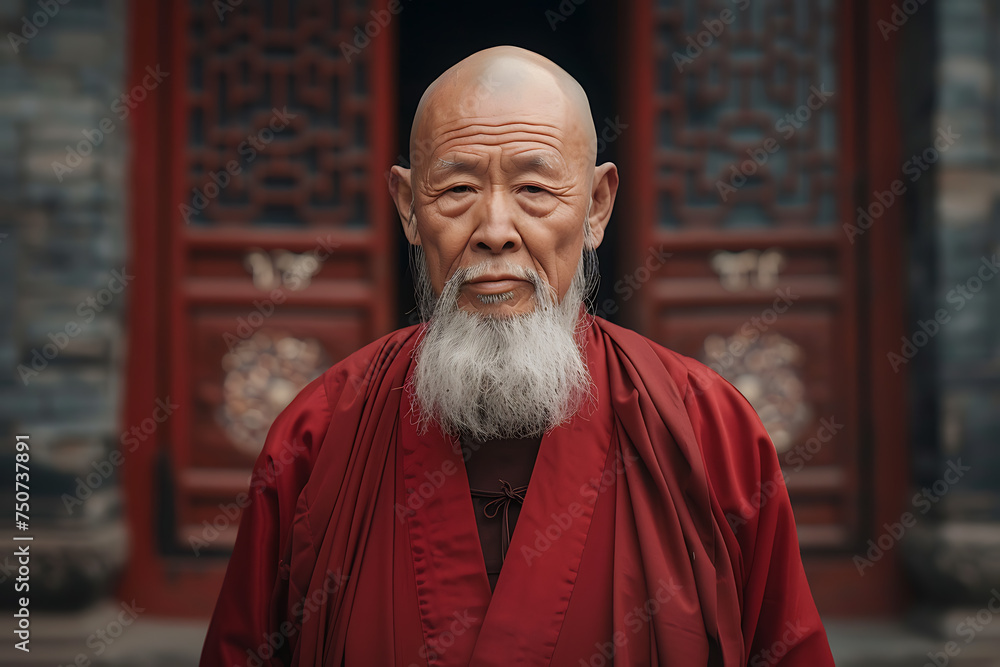 Naklejka premium Serene Chinese elder dons traditional monk's robe, embodying wisdom and spirituality in tranquil reverence