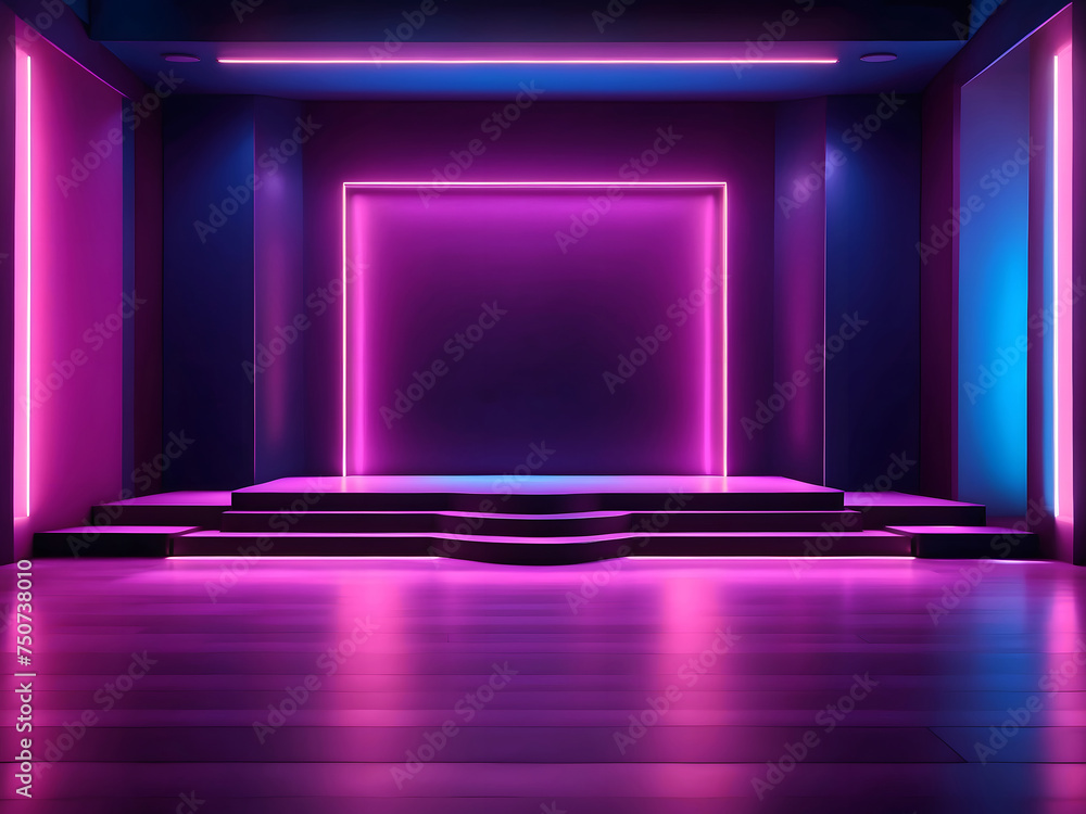 Neon dark stage shows an empty room neon light spotlights dark blue purple pink background design, a dance floor for product display in studio backdrop for photo shooting design