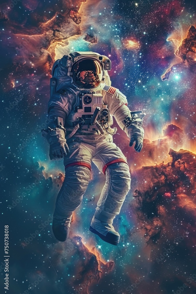 An Astronaut Drifting in Zero Gravity Amidst Cosmic Elements, with Distant Galaxies and Nebulae Illuminating the Human Connection to the Universe An Astronaut Drifting in Zero Gravity Amidst Cosmic Elements, with Distant Galaxies and Nebulae Illuminating the Human Connection to the Universe