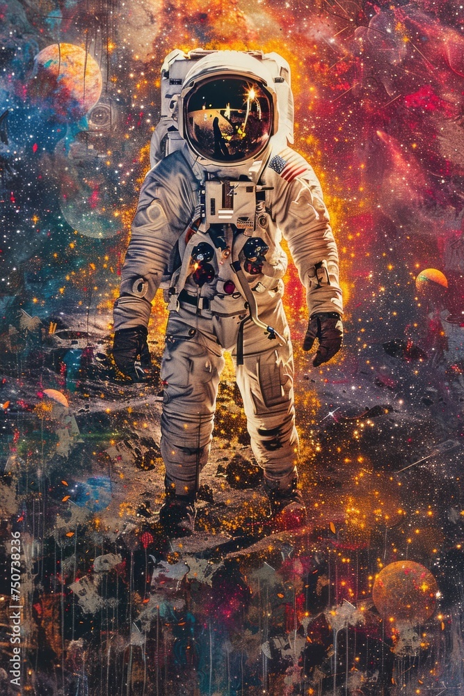 An Astronaut and Star Clusters Merge in an Artistic Symbolization of Deep Universal Reflections
