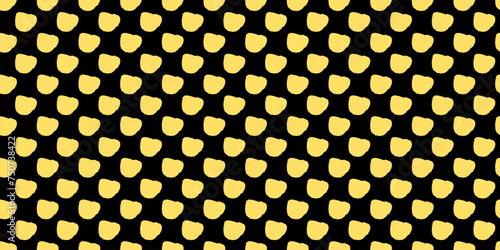 Playful polka dot delight Seamless vector pattern featuring yellow freeform dots on a black backdrop. Creative texture of chaotic round shapes and cute triangles. Dotted wrapping paper.