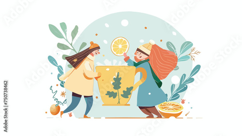 Tiny women drinking tea with cookie flat vector © Ideas
