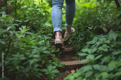 Woman taking a mindful walk in a lush garden  focusing on each step and the surrounding nature