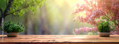 A tiny plant pot on wooden table with empty space at center  on natural forest and sunlight background. Wallpaper banner photography. Copyspace or blank space for text.