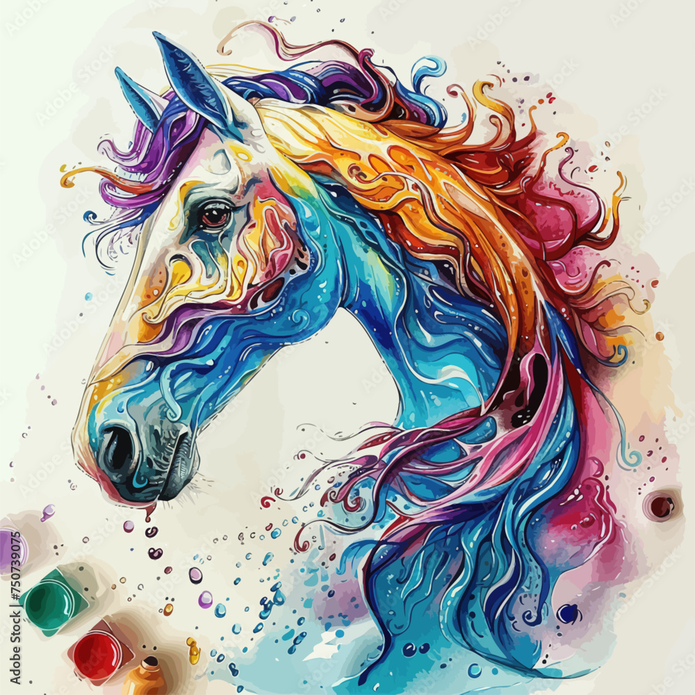 Fototapeta premium Portrait of a running horse with a colorful fur and abstract paint splashes. Picturesque vector portrait for wall art, posters, banners, t-shirts, mugs, cases, etc. vector