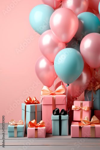 Colorful balloons, gift box and confetti. Greeting card for birthday.