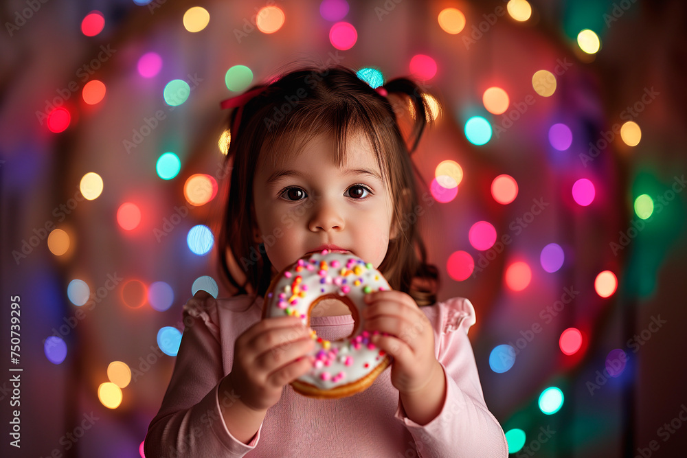 Naklejka premium Cute little girl holding eating donut. Child ready to eat donut with pink frosting.