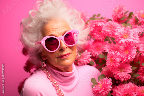 Very stylish elderly lady in bright fashionable outfits and sunglasses on a colored background.