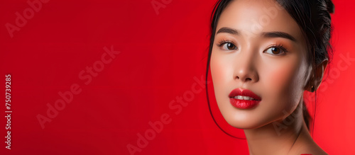 A detailed portrait of a beautiful woman with a gentle gaze, red lips on red background wallpaper banner. Copyspace or blank space for text.