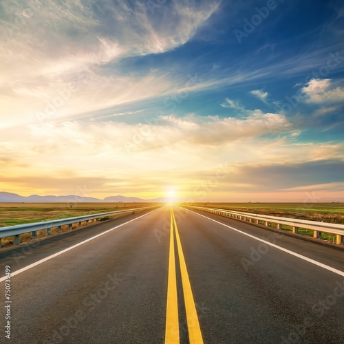 highway road , transportation roadtrip concept. on asphalt expressway with sunrise sky