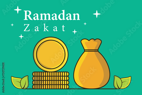 Stack of gold coins and charity money bag for zakat in holy month of Ramadan vector illustration. Muslim concept for zakat property, income and "fitrah" zakat.
