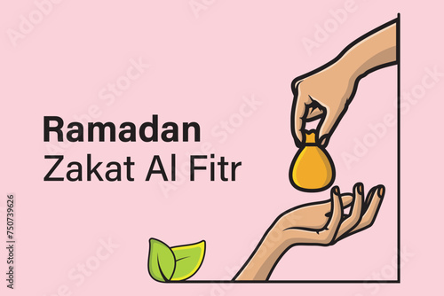 Ramadan Kareem zakat giving charity to people vector illustration. Ramadan icon concept. Ramadan Mubarak Ramadan Kareem Zakat al Fitr hand giving and accept money vector design.
