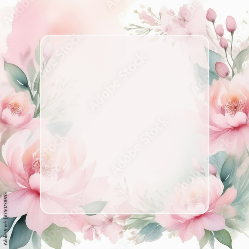 Blossoming soft pink flowers. Watercolor floral pastel color background with transparent glass frame for text in center. Copy space. Invitation, greeting card template. Romantic, wedding, spa