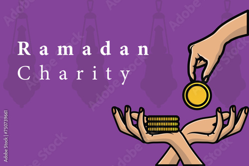Ramadan Kareem zakat giving charity to poor people vector illustration. Muslim concept for zakat property, income and "fitrah" zakat. Hand giving and accept Zakat illustration.
