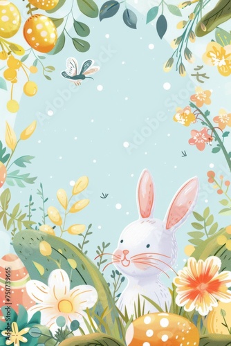 Springtime Celebration With Bunny  Flowers  and Fluttering Butterfly in a Vibrant Garden