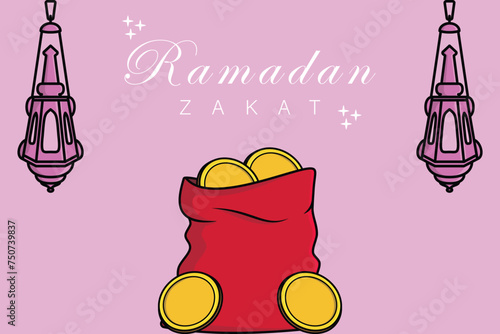 Stack of gold coins and charity money bag for zakat in holy month of Ramadan with Lantern Lamps vector illustration. Muslim concept for zakat property, income and "fitrah" zakat.
