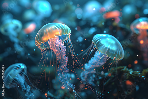 glowing sea jellyfishes on dark background, neural network generated art. Neural network generated in January 2024. Not based on any actual scene or pattern. © lucky pics