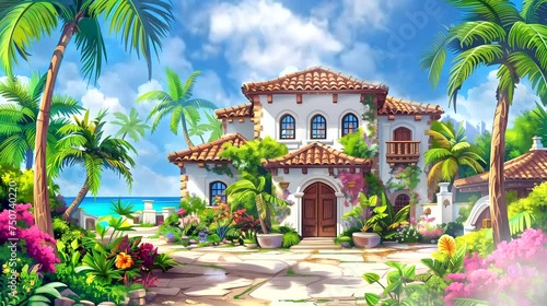A charming Mexican hacienda with vibrant painted tiles and lush tropical gardens. Fantasy landscape anime or cartoon style, looping 4k video animation background photo