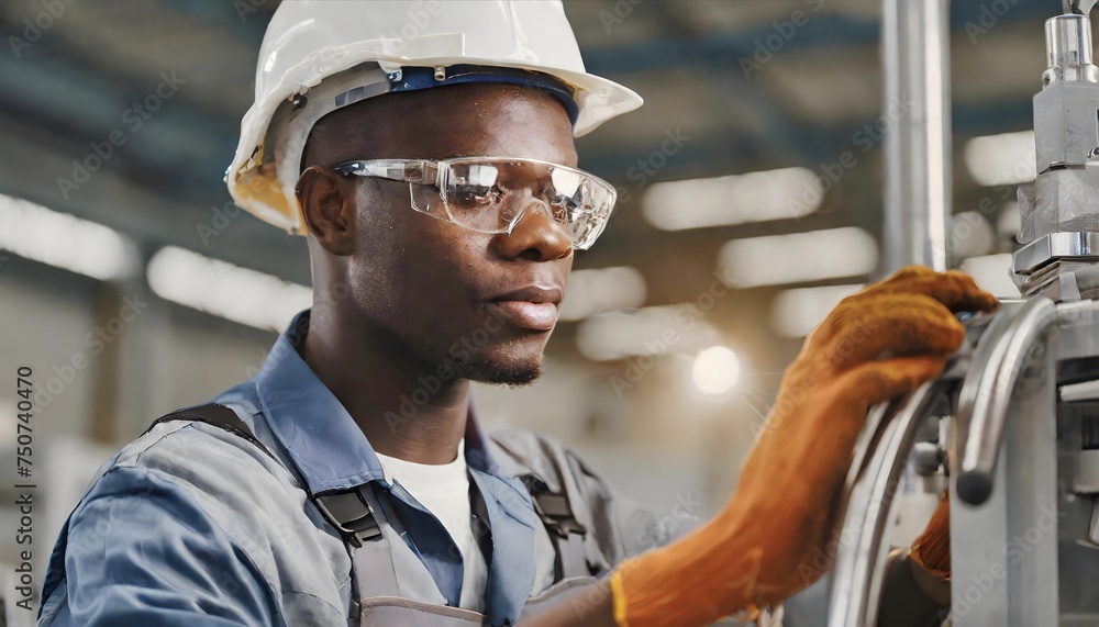 Close-up of a helmeted worker working on a machine. He wears protective glasses. Close-up of a helmeted worker working on a machine. He wears protective glasses.