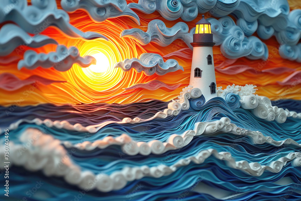 Sunset sea coast with a lighthouse stunning layered paper cut. Sunset sea coast with a lighthouse stunning layered paper cut.