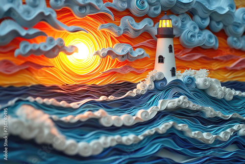 Sunset sea coast with a lighthouse stunning layered paper cut. 