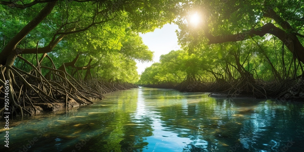 Green mangrove forest with morning sunlight. Mangrove ecosystem. Natural carbon sinks. Mangroves capture CO2 from the atmosphere. Blue carbon ecosystems Green mangrove forest with morning sunlight. Mangrove ecosystem. Natural carbon sinks. Mangroves capture CO2 from the atmosphere. Blue carbon ecosystems