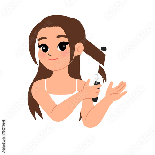 beautiful woman using hair curler character illustration