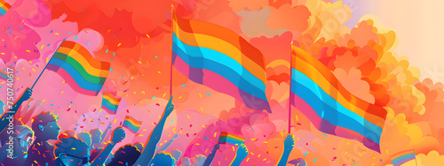 Abstract rainbow people raise a flag in a vibrant color palette create a playful and energetic background. Sign for LGBTQ or pride month banner illustration design. photo