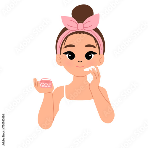 beautiful woman using moisturizer cream character illustration