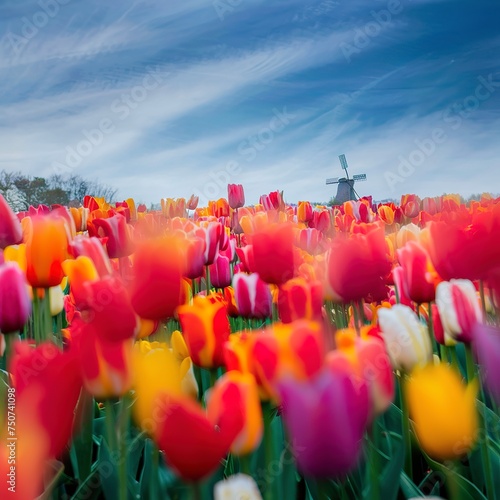 selective focus colorful tulips field