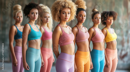Several young female models wearing colorful yoga pants and sport top. photo