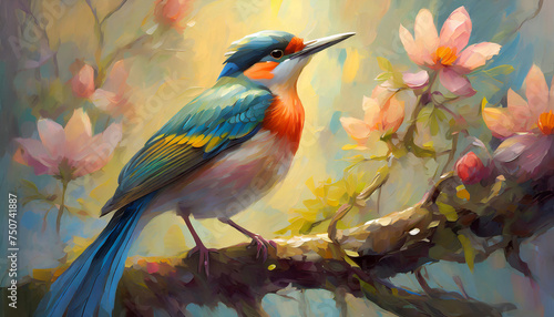 Oil painting of bird on floral branch. Hand drawn art.