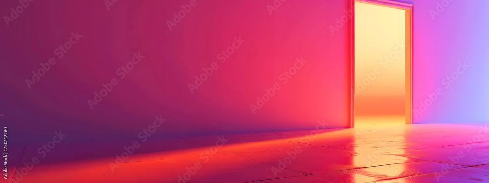 Soft light glows in empty room on a textured red background with a lighting from the door for a wallpaper banner design. Soft light glows in empty room on a textured red background with a lighting from the door for a wallpaper banner design.