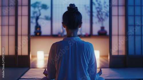 Young woman is meditating in stylish minimalistic environment. Luxury interior. The concept of health care, yoga and relaxation. Ai-generated. © Acronym