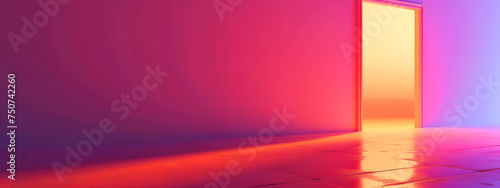 Soft light glows in empty room on a textured red background with a lighting from the door for a wallpaper banner design.