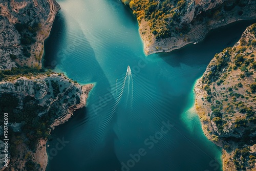 Stunning aerial shot of a boat sailing through a serpentine river surrounded by rugged cliffs