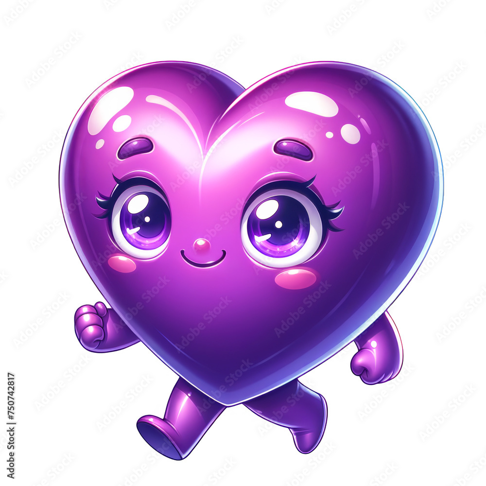 Walking purple heart emoji design. Front facing portrait. Cartoon 