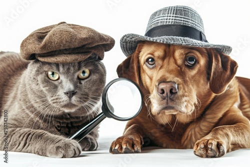 Cat and Dog Duo in Detective Costume with Magnifying Glass photo