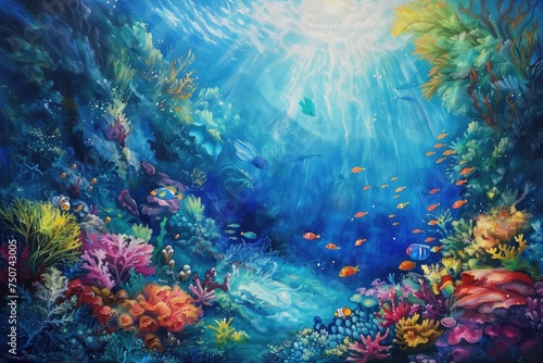Vibrant underwater scene with sunbeams filtering through  highlighting diverse coral and fish.