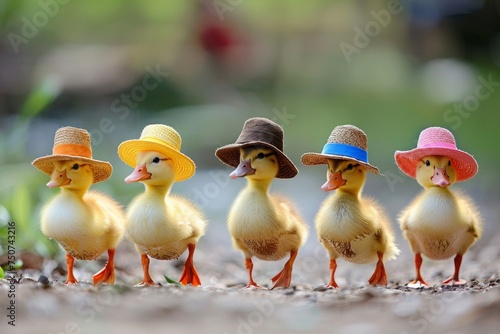 Ducklings in Hats Walking Down a Path