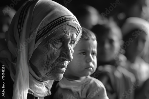 An elderly Indian woman and a poor Indian child were featured in Mother Teresa's Mercy and Charitable Mission to highlight the gap between hardship and pity.