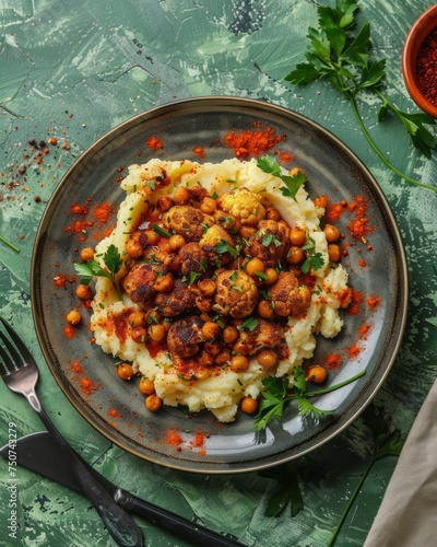 Top view of delicious roasted cauliflower, mashed potatoes and spiced chickpeas served in a rustic style ceramic plate decorated with fresh greenery on a deep green table top.