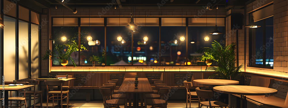 Warm light spills from a historic building's interior, illuminating an empty cafe or restaurant with classic architecture and worn chairs. Warm light spills from a historic building's interior, illuminating an empty cafe or restaurant with classic architecture and worn chairs.