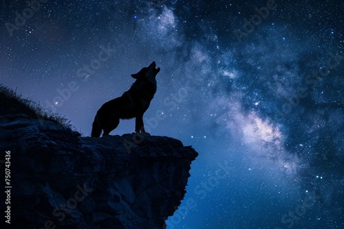Silhouette of Wolf Howling under Starry Night Sky