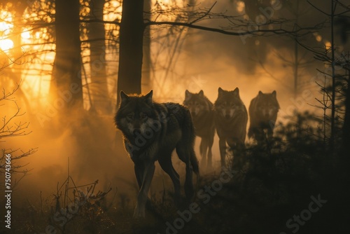 Pack of Wolves in Misty Forest at Dawn