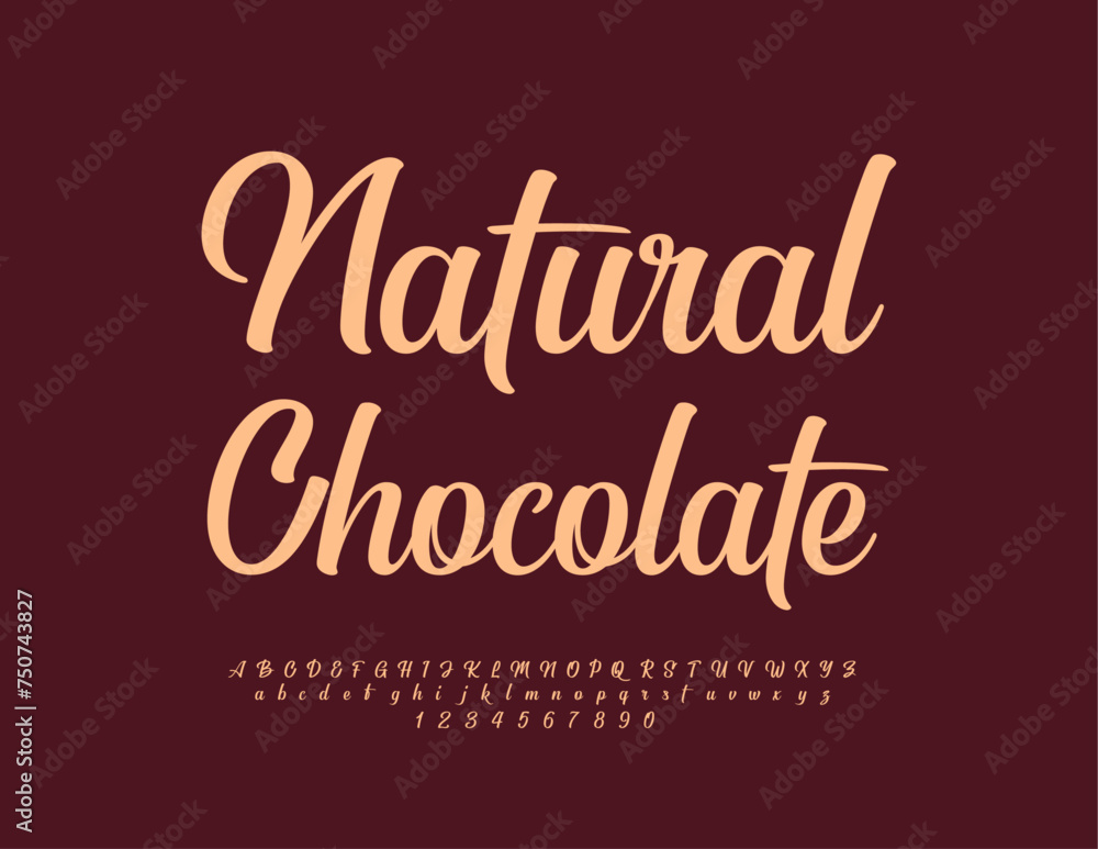 Vector delicious logo Natural Chocolate. Stylish Cursive Font. Elegant Alphabet Letters and Numbers set.