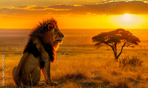 Majestic Lion at Sunrise in the African Savannah