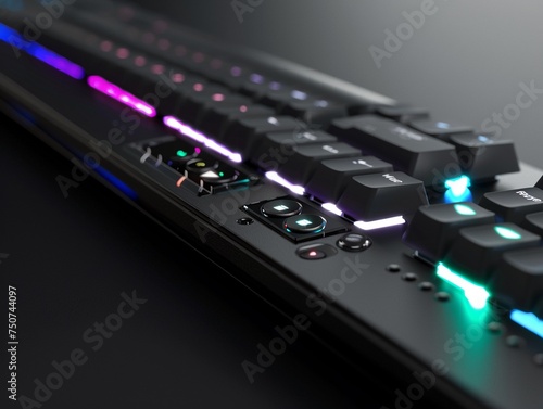 A mechanical keyboard with customizable LED lighting captured from an angle that highlights its sleek design and precision keys