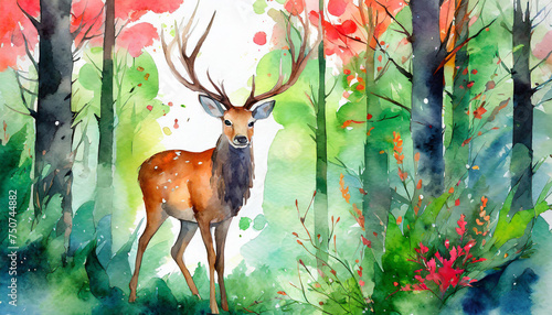 Watercolor illustration of beautiful wild deer in the forest. Wild animal. Hand drawn art.