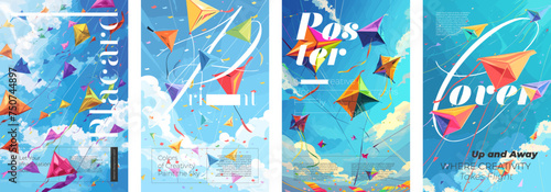 Abstract artistic poster set with flying kites in sky. Colorful watercolor paint creative inspirational placard. Design art painting print spring and summer concept. Bright color graphic eps banner